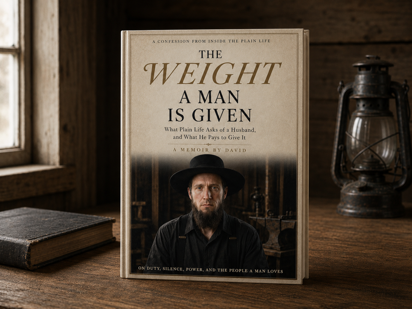 The Weight a Man Is Given — hardcover mockup on a wooden table beside an old book and lantern