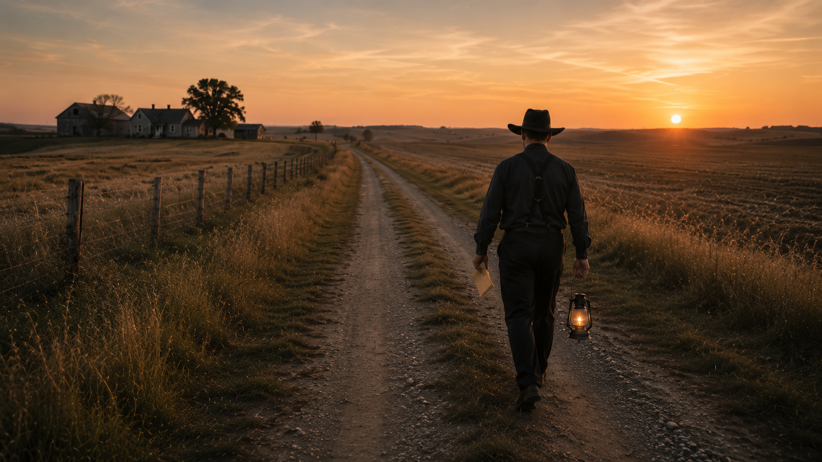 David walking down a country lane at sunset, seen from behind